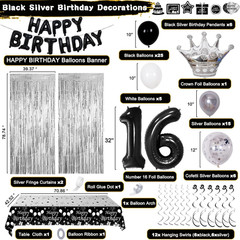 Black and Silver 16Th Birthday Decorations for Boys Girls, Black and White 16Th