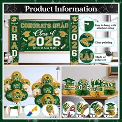 Green and Gold Graduation Decorations 2026 Set, All-in-1 Kit with Congrats Grad