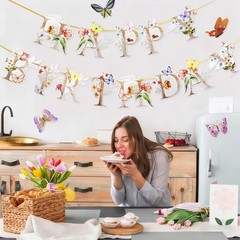 Happy Birthday Banner, Boho Butterflies, Wildflower Party Decor, Multicolor