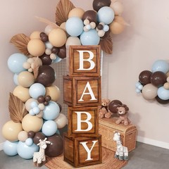 Brown Baby Balloon Boxes with 27 Letters – 4 Pcs Wooden Grain Baby Shower Blo…