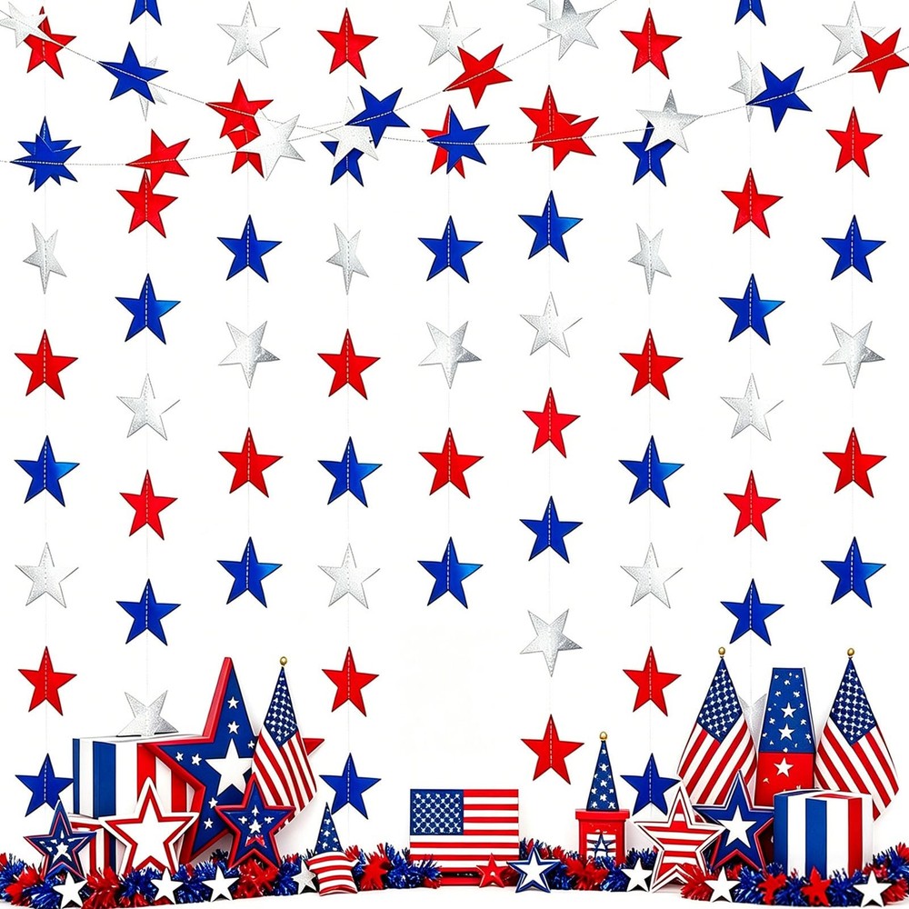 6 Pack 13ft Patriotic Star Garland, Red White Blue Hanging Glitter Star Strea…
