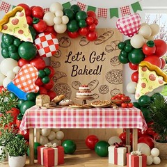 Pizza Party Decorations Kit with Red Dark Green White Latex Balloon arch Pizz