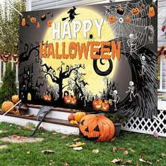 Happy Birthday Halloween Backdrop,Horror Theme Pumpkin,Ghouls,spide,Moon,Witch P