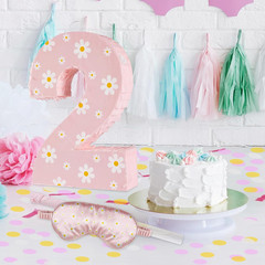 Daisy Birthday Decorations, Daisy Number 2 Piñata with Blindfold Stick Blindfold