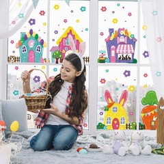 6 Sheets Easter Window Cling Decorations, 81 PCS Cute Cartoon House Bunny Flower