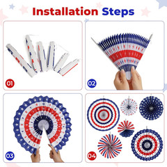 Patriotic 4Th of July Decorations Set,9 Pcs Red White and Blue Paper Fans,Usa Pe