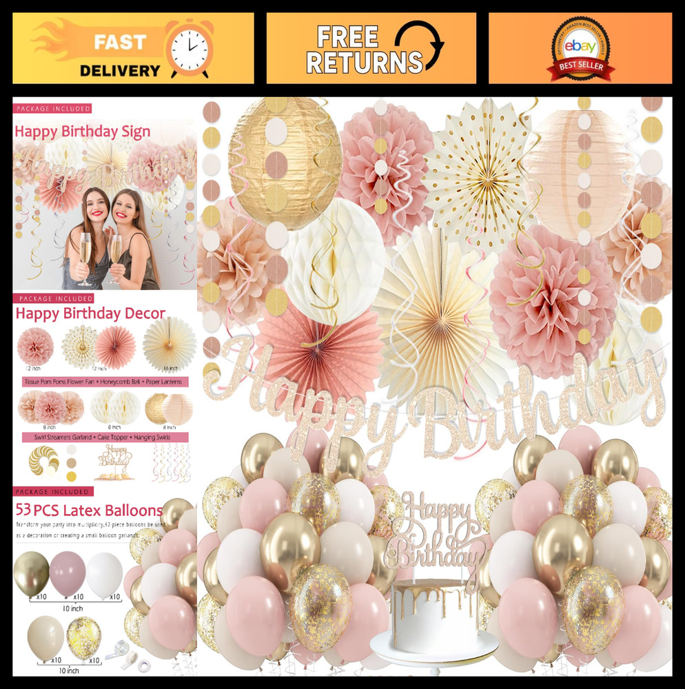 Boho Pink Birthday Party Decorations, Happy Banner, Paper Lanterns, Peach Stream