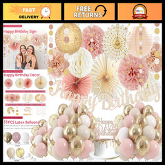 Boho Pink Birthday Party Decorations, Happy Banner, Paper Lanterns, Peach Stream