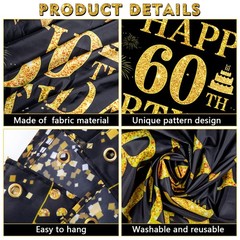 MDCGFOD 60th Birthday Banner – Black & Gold – 71 x 45 Inch – Happy 60th Birth…
