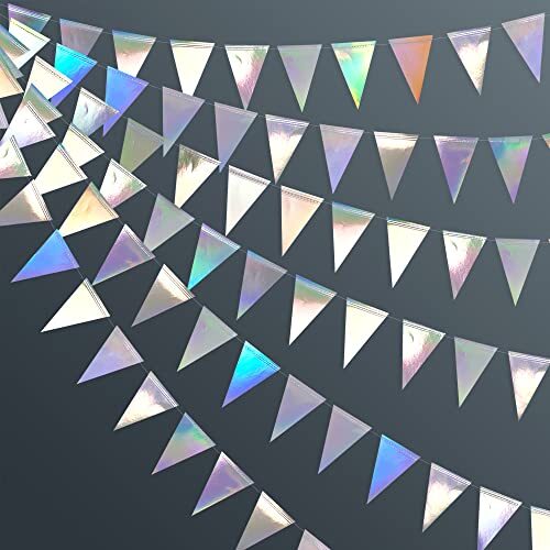 40Ft Iridescent Party Decorations Holographic Hanging Triangle Pennant Banner…