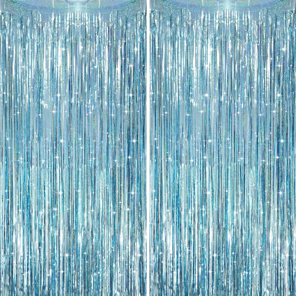 2 Pack Laser Light Blue Foil Fringe Curtains, Tinsel Streamers Birthday Party…