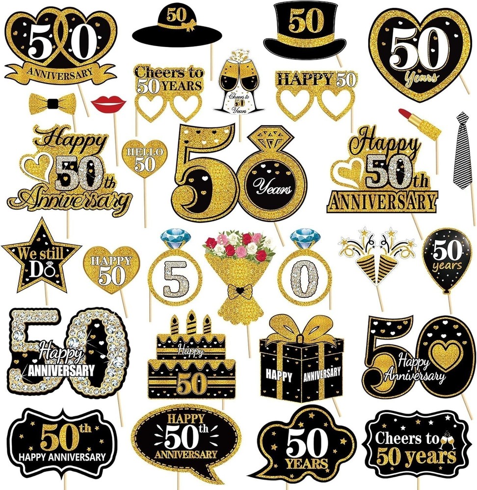 30Pcs Photo Booth Props Black & Gold 50th Anniversary Decorations Happy 50th