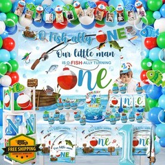 Ofishally One 1st Birthday Decorations: 161pcs Fishing Theme, Banner, Balloons