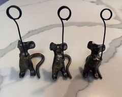 Set of 3 Cast Iron Mouse Table Card Holders Bronze-Tone Finish Whimsical Decor
