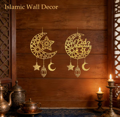 Ramadan Decorations, Eid Mubarak Moon & Star Wooden Hanging Decorations