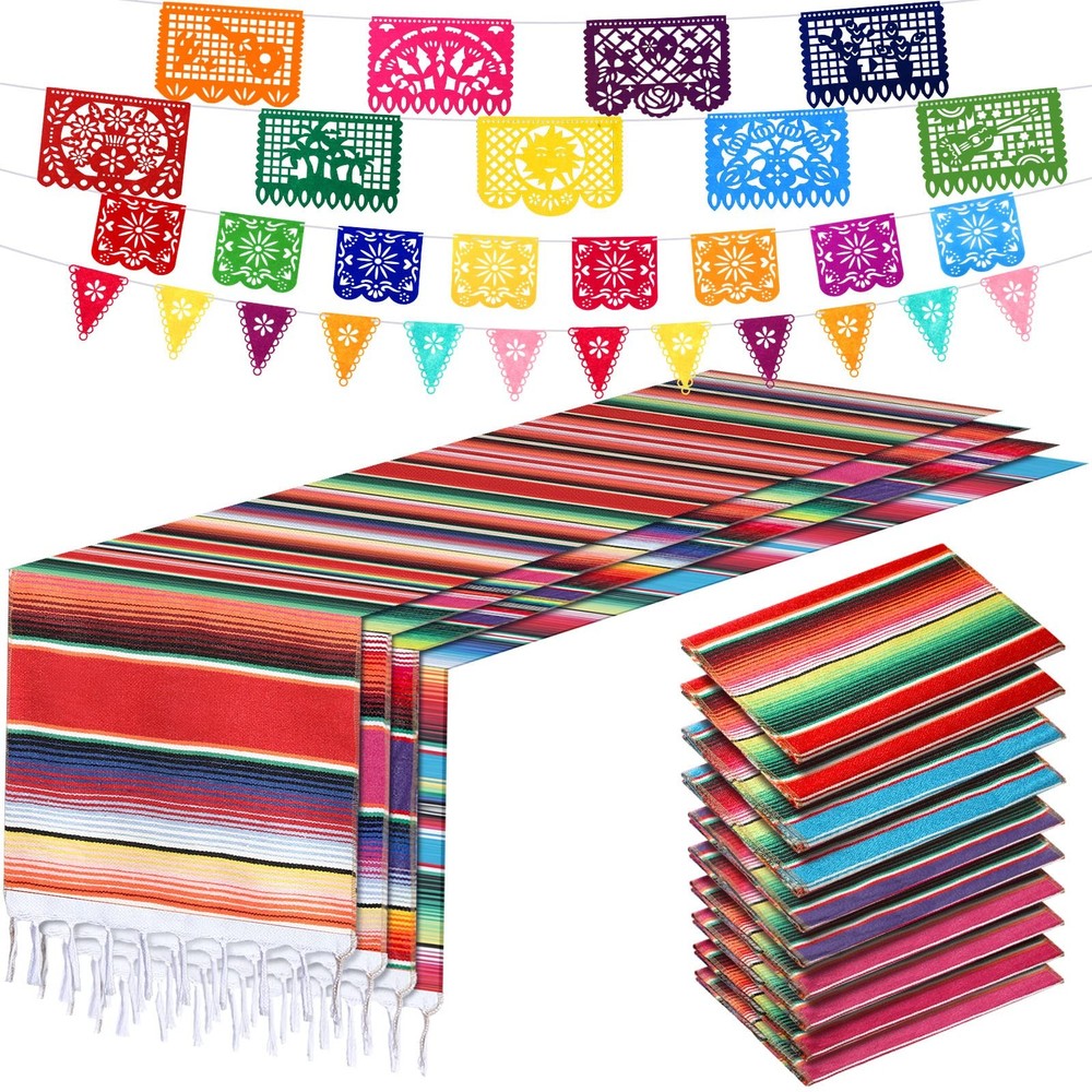 10 Pack Serape Table Runner 14×84 In 29 Papel Picado Banner Fiesta Bunting Decor