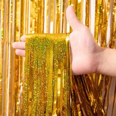 2 Pack Laser Gold Foil Fringe Backdrop Curtains, Tinsel Streamers, Party Decor