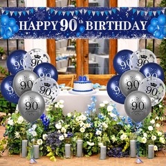 Blue 90th Birthday Decorations for Men Women, Navy Blue Silver Happy 90th Bir…