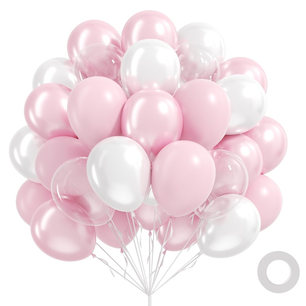 60pcs Pink and White Balloons 12inch, Clear Pearl White Pink Balloons for Wed…