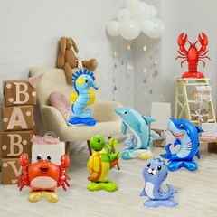 7 Pcs Ocean Animal Balloons – Standing Turtle Seahorse Dolphin Shark Crab Lob…