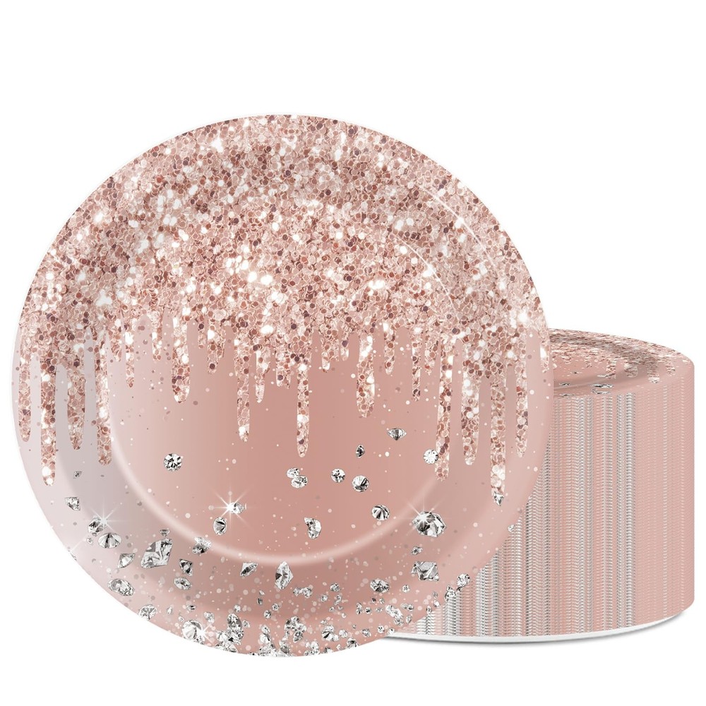ZOIIWA 48 PCS Rose Gold Birthday Plates Pink Rose Gold Paper Dinner Dessert P…