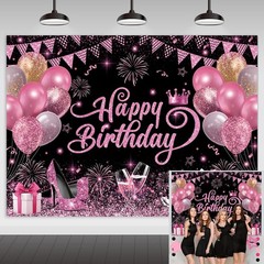 7x5ft Pink and Black Happy Birthday Backdrop Women Birthday Party Photography