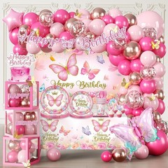 Pink Butterfly Birthday Decor – Tableware & Balloons