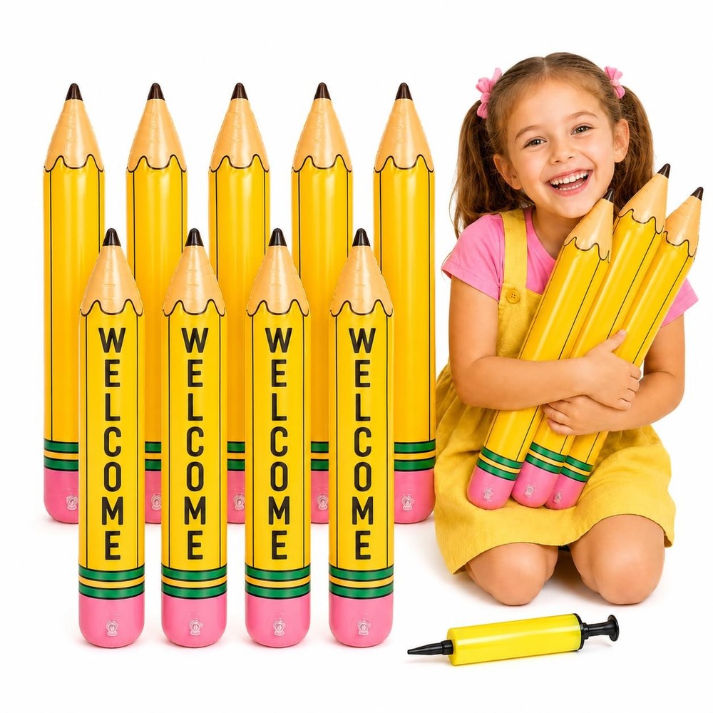 12 Pcs Inflatable Pencil Balloon Set with Air Pump and 9 Letter Sticker Sheet…