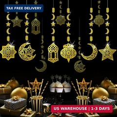 AhfuLife Eid Mubarak Hanging Decorations for Home, 6 Pcs Pre-Tied Hanging Golden