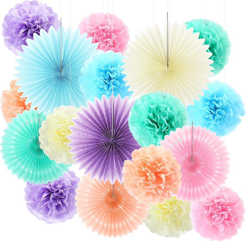 18 Pcs Pastel Rainbow Party Decorations Pastel Paper Fans 3D Floral Tissue Pom P