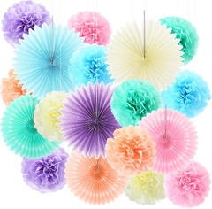 18 Pcs Pastel Rainbow Party Decorations Pastel Paper Fans 3D Floral Tissue Pom P