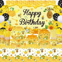 206 Pack Bee Birthday Party Supplies Bee Backdrop Banner Bee Themed Tableware…