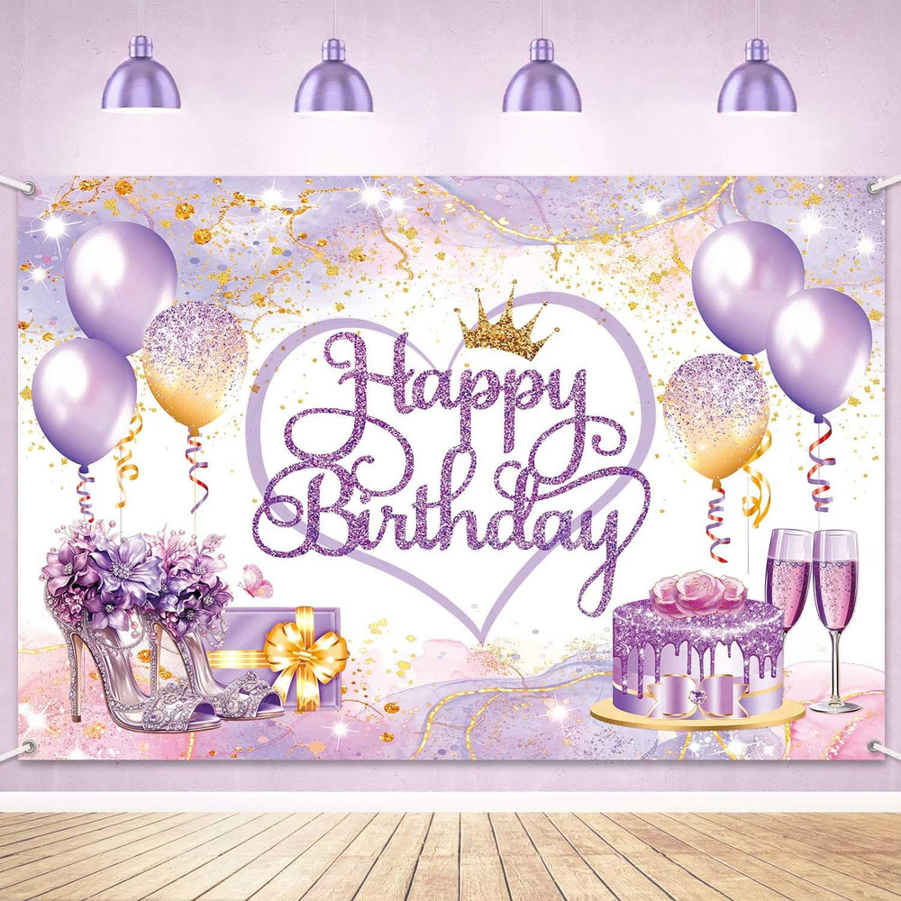 Purple Gold Happy Birthday Backdrop Banner Pink and Purple Happy Birthday Sign..