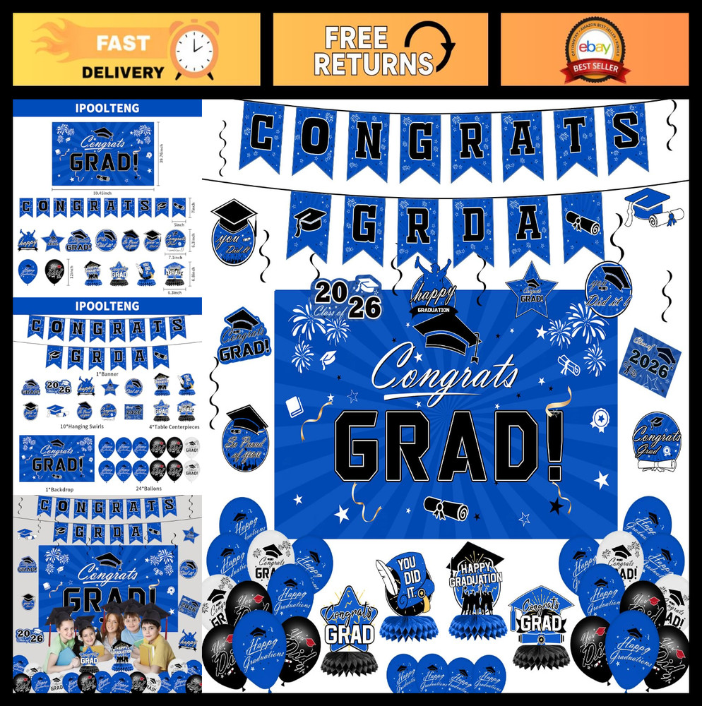 2026 Graduation Decorations Set – Blue Congrats Grad Banner, Backdrop, Balloons