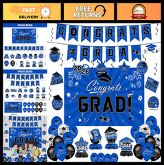 2026 Graduation Decorations Set – Blue Congrats Grad Banner, Backdrop, Balloons