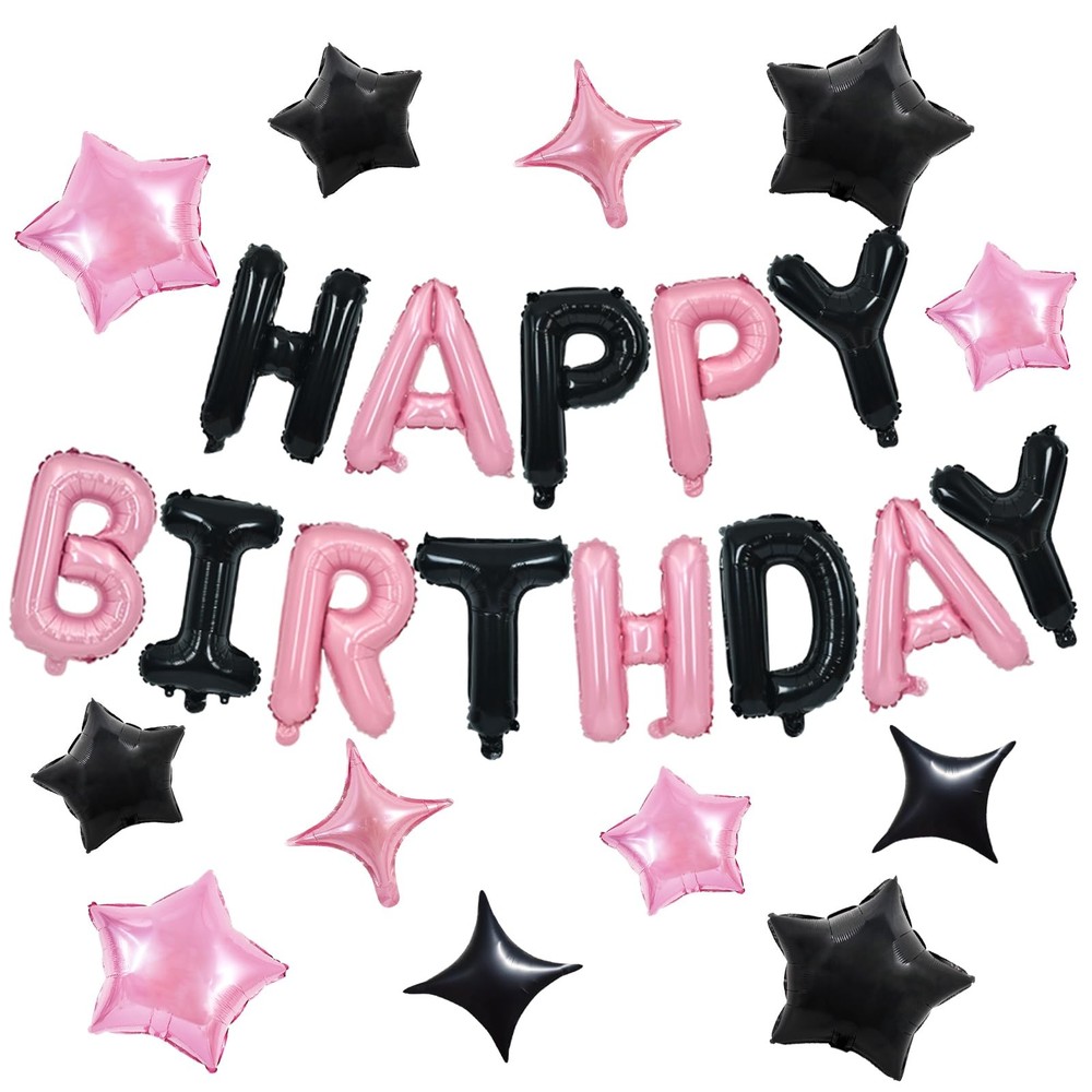 35PCS Black Pink Happy Birthday Decorations Kit 16 Inch Happy Birthday Balloo…