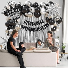 Black Birthday Decorations Set Men Silver Balloons Banner Fringe Curtain