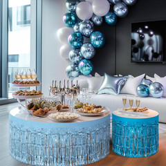 2 Pack Light Blue Lake Blue Table Skirts, 29X108″ Metallic Foil Tinsel Fringe
