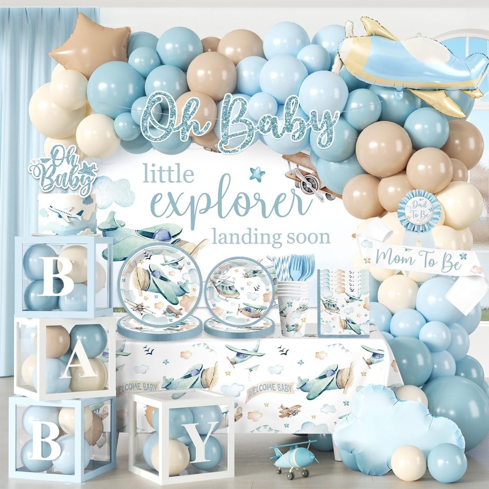 Planes Baby Shower Party Supplies Tableware and Decorations Set – Blue Beige