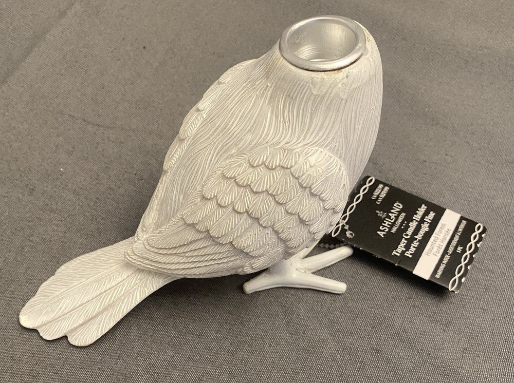 ASHLAND HALLOWEEN TAPER CANDLE HOLDER BIRD HAUNTED FOREST RESIN 7.5X4.5″ WHITE