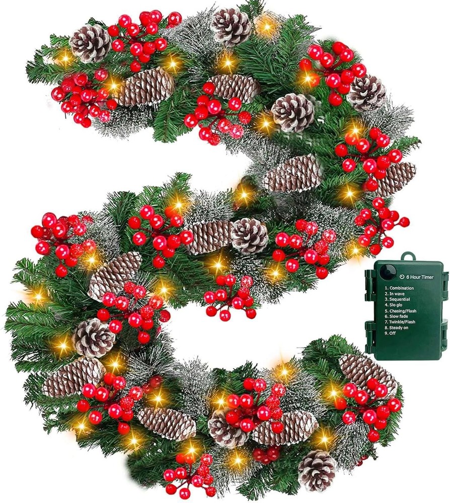 Timer 8 Mode – 9Ft by 10 Inch Prelit Christmas Garland with 50 Warm Lights,Thick