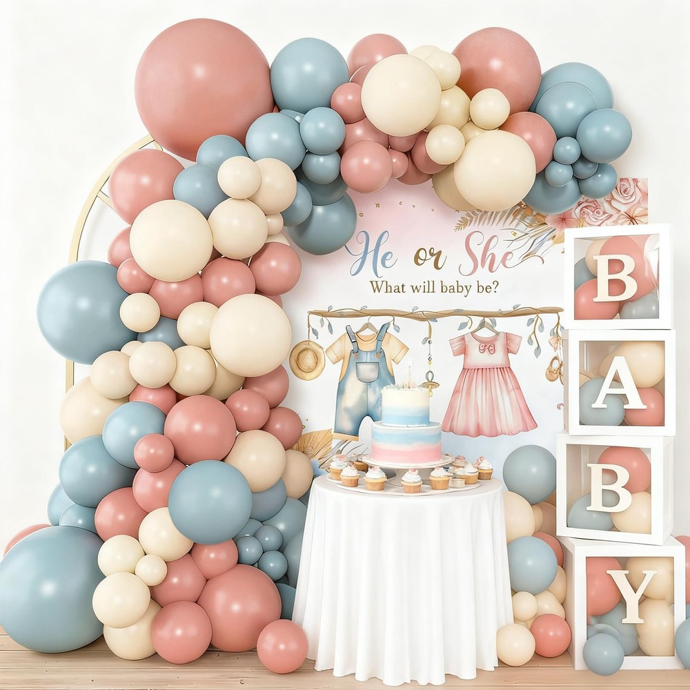 138Pcs Gender Reveal Decorations Kit with Dusty Pink Blue Balloon Garland Arc…