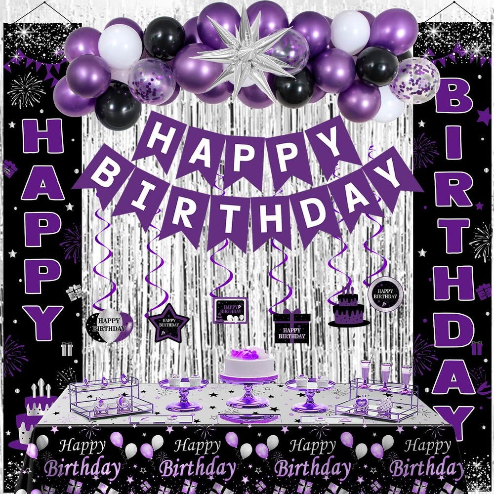 Purple and Silver Birthday Decorations for Women, Girls – Bday Party Decor