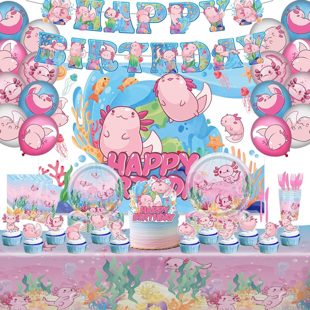 Axolotl Birthday Decorations Include Axolotl Plates-Napkins-Cups-Cutlery-Tabl…