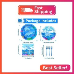 96 Pcs Dolphin Party Supplies Set Dolphin Plates Napkins Forks Ocean Disposable