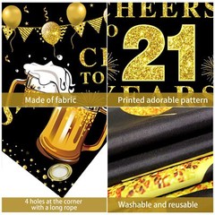 Happy 21st Birthday Banner Decorations, Black Gold Cheers to 21 years Backdro…