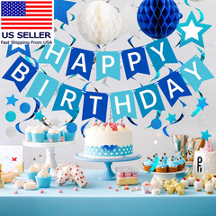 Birthday Decorations, Happy Birthday Banner with Honeycomb Balls, Swirls Set Hap