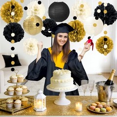 14PCS Black and Gold Party Decorations, Tissue Paper Pom Poms, Paper Lanterns…