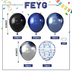 50PCS Blue Black Silver Balloons with Ribbon Party Decoration