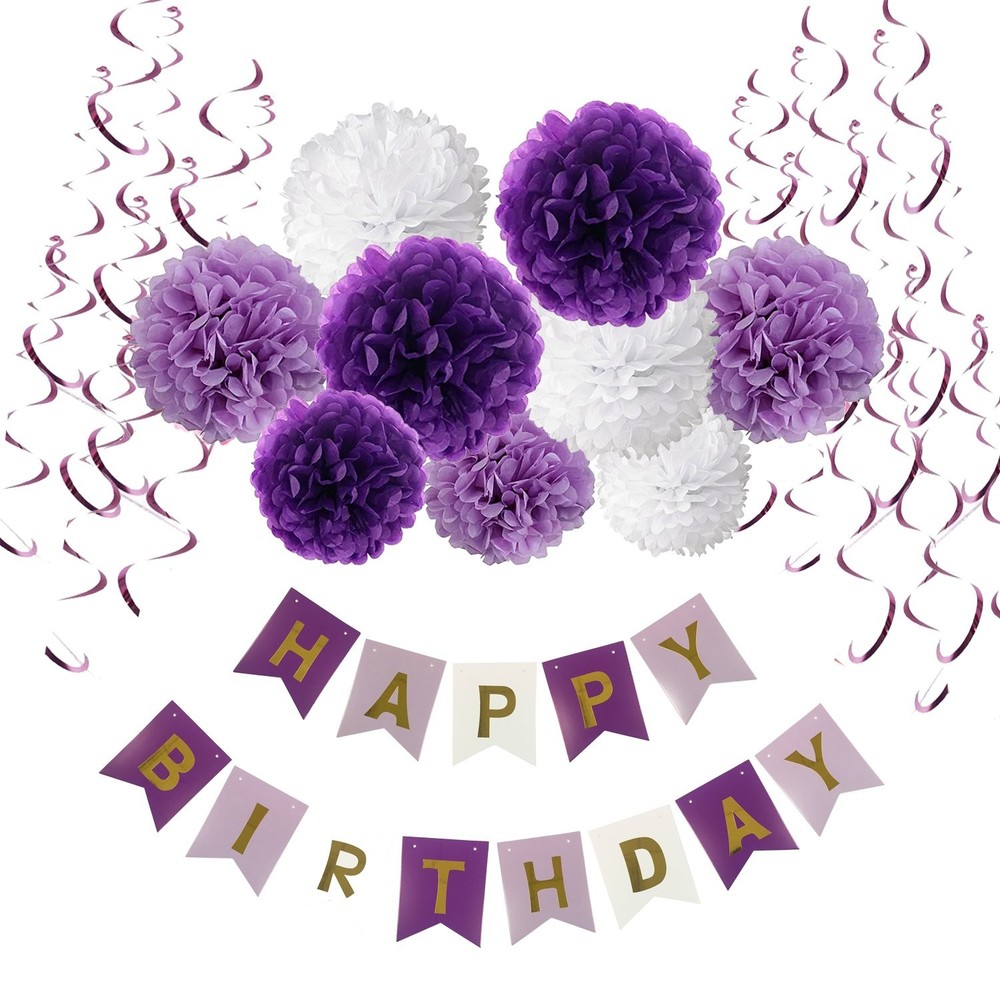 Birthday Decorations – Happy Banner Bunting With Tissue Paper Pom Poms and Ha…